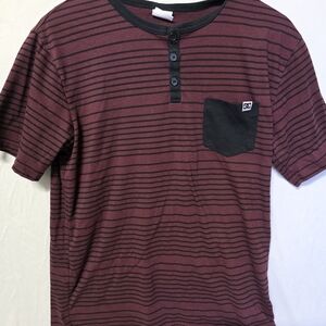 DC Men's Burgundy and Black Striped Tee